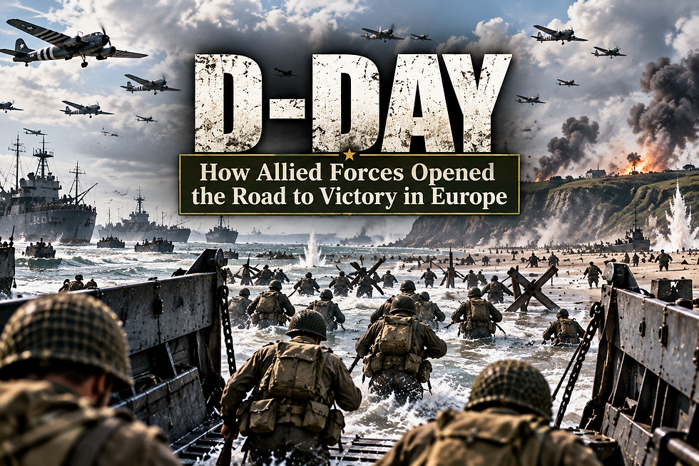 Allied soldiers leave landing craft and move through the surf toward the Normandy coast on D-Day as warships and aircraft support the invasion.