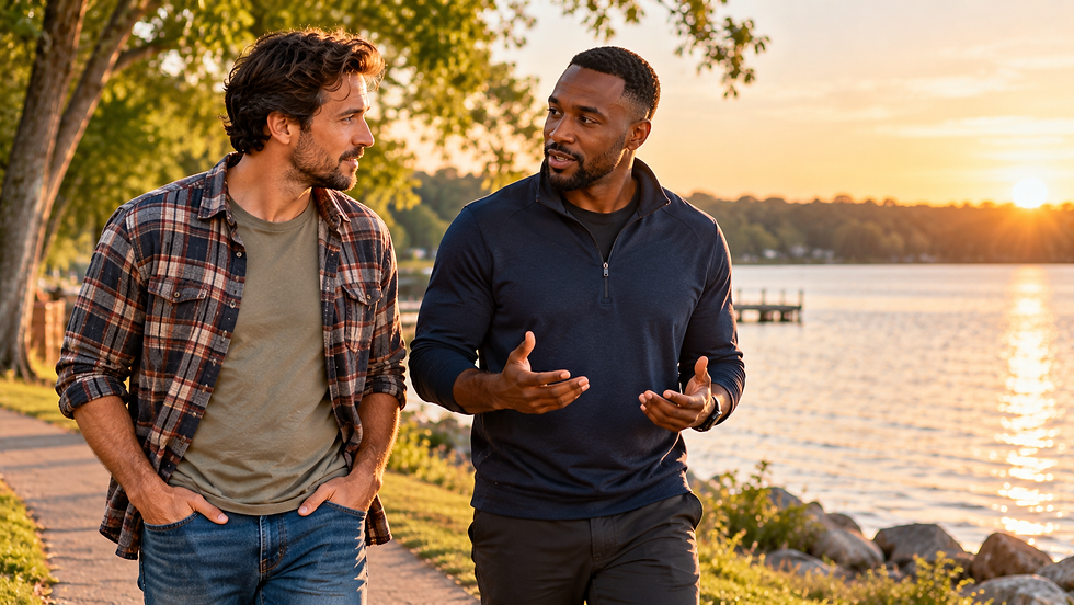 Two male friends having a genuine conversation while walking beside a lake at sunset, representing open communication about men's mental health.
