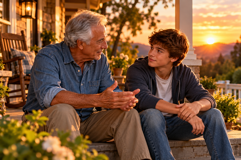 Grandfather and teenage grandson having a meaningful conversation on a porch at sunset, representing wisdom passed between generations.