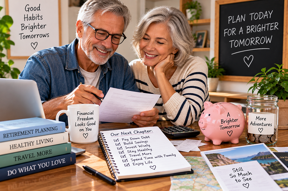 Older couple reviewing retirement finances and future goals together