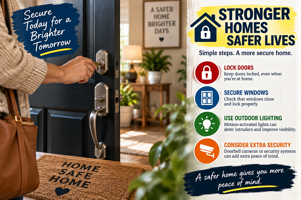Home security infographic showing a person locking a front door with tips for securing doors, windows, and outdoor areas