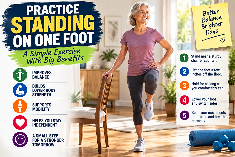 Older woman practicing a one-foot balance exercise beside a sturdy chair in a bright living room.