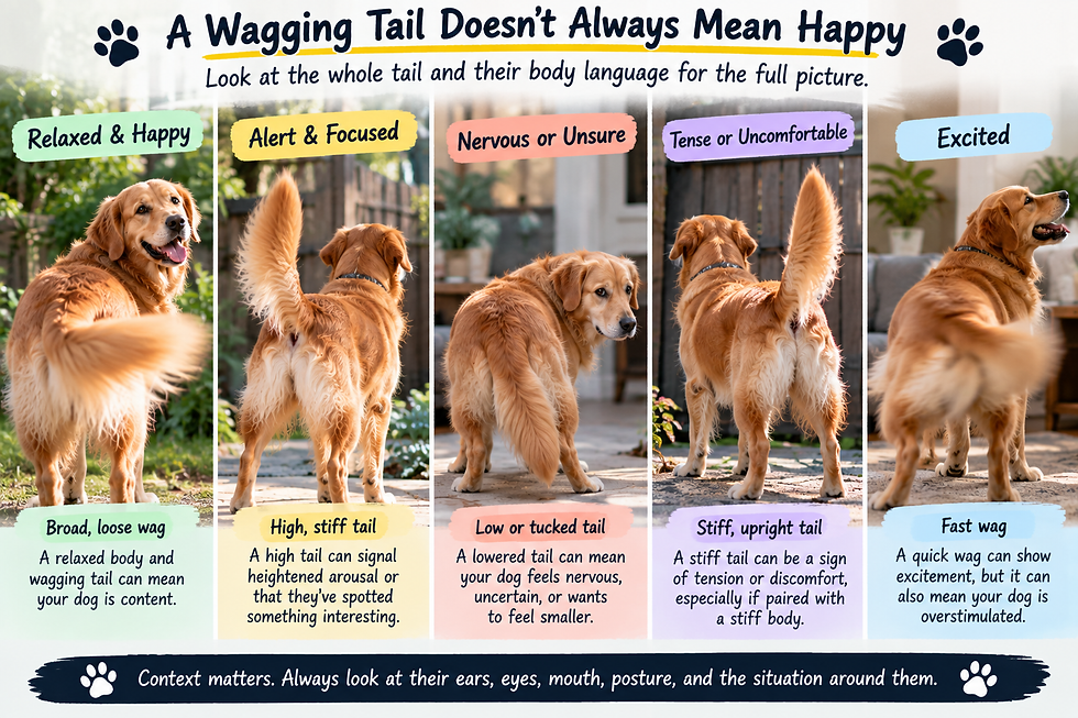 Infographic comparing relaxed, alert, nervous, tense, and excited dog tail positions and explaining why a wag does not always mean happiness