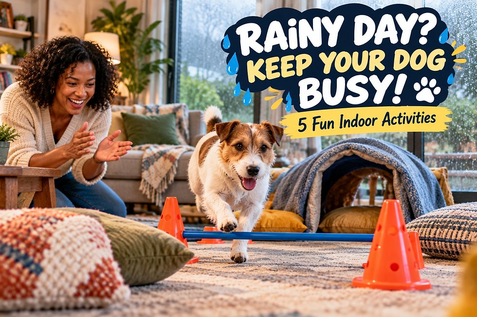 Woman encouraging a Jack Russell Terrier through a homemade indoor obstacle course while rain falls outside.
