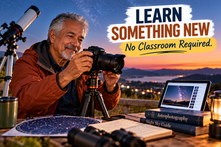 Older man learning astrophotography outdoors at dusk with a camera, telescope, star chart, tablet tutorial, and mountains in the background.