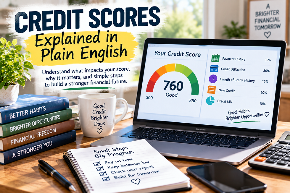Credit score dashboard showing a 300-to-850 range with payment history, credit utilization, length of credit history, new credit, and credit mix.