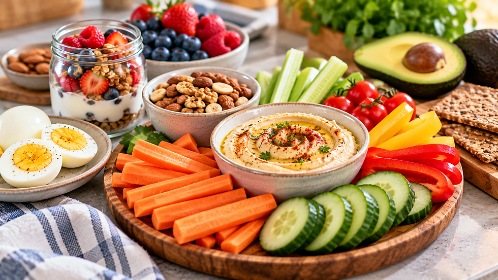 Colorful healthy snack spread with carrots, cucumbers, peppers, tomatoes, celery, hummus, nuts, eggs, yogurt, crackers, and avocado.