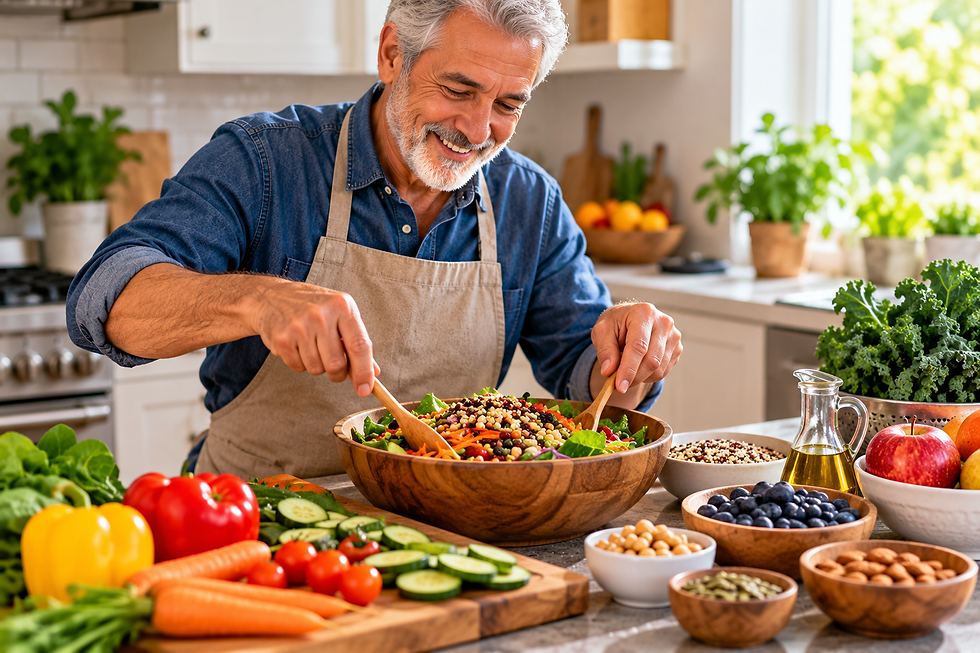 Older man preparing a colorful fiber-rich meal with leafy greens, vegetables, grains, beans, seeds, and fresh produce.