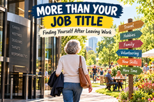 Older adult leaving a corporate office and walking toward a bright park representing hobbies, family, volunteering, travel, and new skills after retirement.