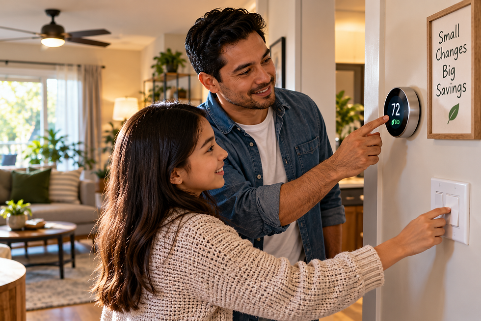 Father and daughter adjusting an energy-saving thermostat and switching off a light to help reduce household utility expenses.