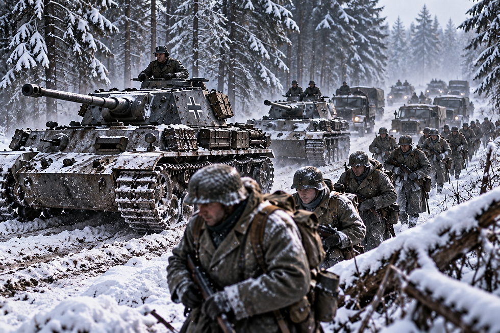 German tanks, trucks, and infantry advance through a snow-covered Ardennes forest during the opening of the Battle of the Bulge.