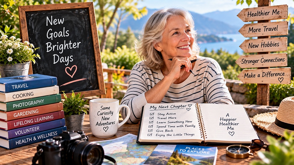 Older woman planning goals for health, travel, hobbies, family, learning, and volunteering