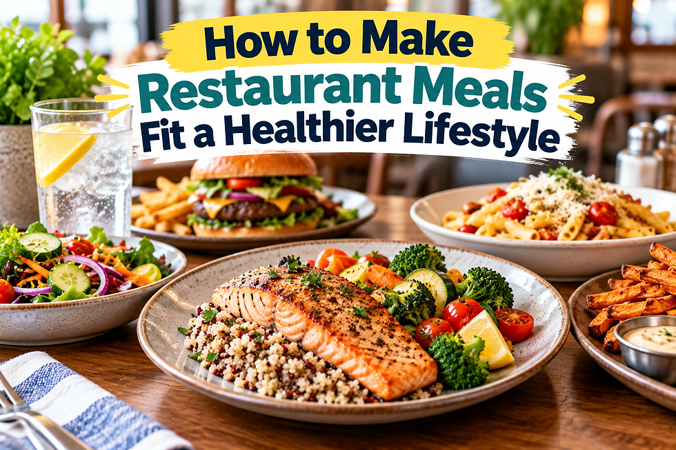 Restaurant table with grilled salmon, vegetables, salad, water, burger, pasta, and fries representing balanced choices when dining out.