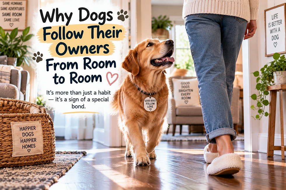 Golden retriever following its owner through a bright home beside the headline Why Dogs Follow Their Owners From Room to Room