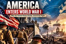 American World War I soldiers boarding a troopship beneath a U.S. flag with an Atlantic map and European battlefield in the background.