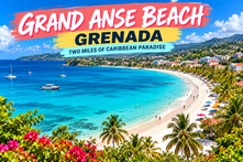 Elevated view of Grand Anse Beach in Grenada, with turquoise water, palm trees, a curving sandy shore, and a bold destination title overlay.