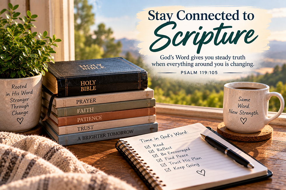 Bible, prayer books, journal, coffee mug, and plant on a warm sunlit table with the message Stay Connected to Scripture and a reference to Psalm 119:105