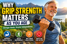 Older man holding a dumbbell outdoors beside a bold headline about grip strength and healthy aging.