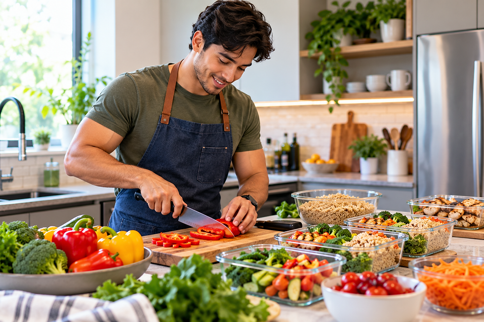 Young man chopping red bell peppers in a bright kitchen beside glass containers of grains, chicken, and vegetables.