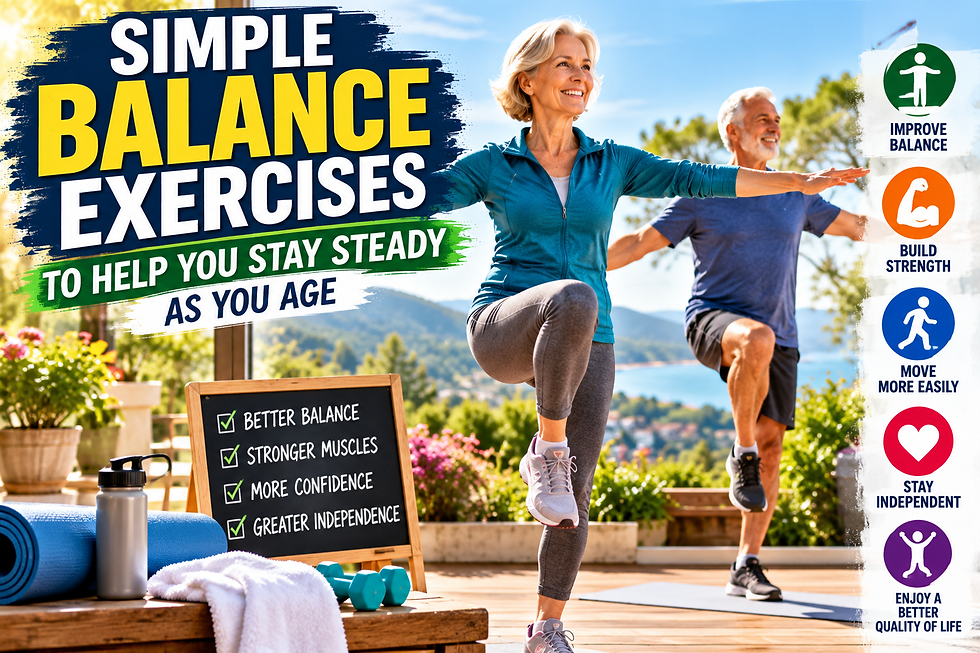 Older adults practicing a standing balance exercise outdoors beside a colorful infographic about staying steady as you age.