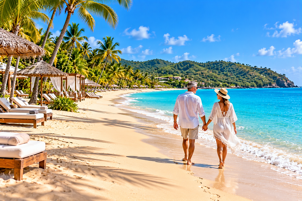 Adult couple walking hand in hand along a palm-lined sandy beach with loungers, cabanas, and turquoise sea.