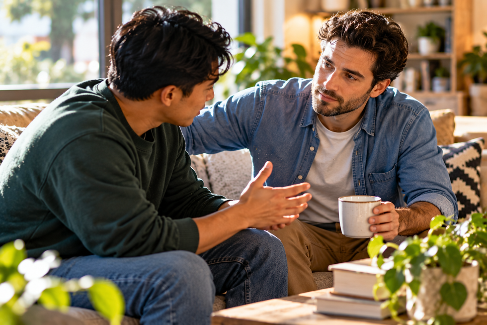 Two male friends of different backgrounds having a calm, supportive conversation at home, illustrating how to start a direct check-in.