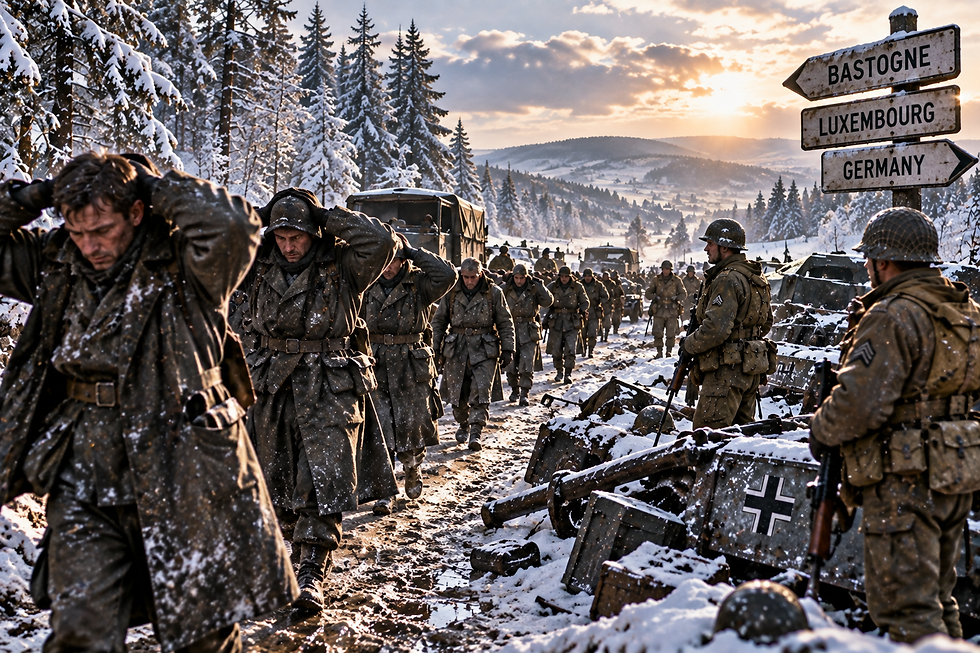 German prisoners march along a snowy road under American guard beside abandoned equipment after the Battle of the Bulge offensive stalled.