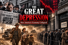 Great Depression collage showing the 1929 stock market crash, a closed bank, an unemployment line, and a Dust Bowl family leaving a struggling farm.
