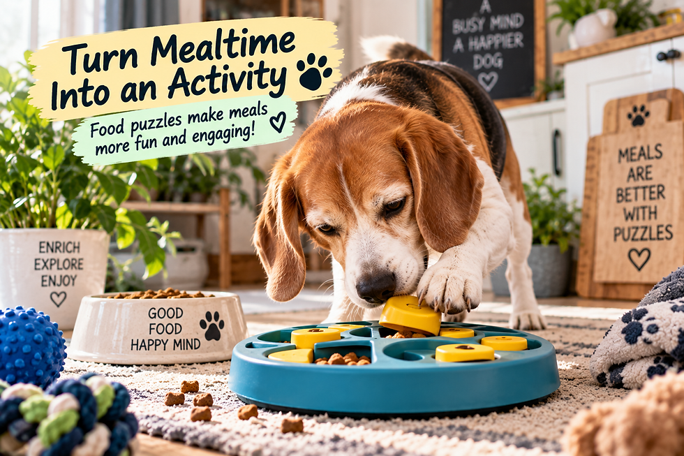 Tricolor beagle working on a puzzle feeder filled with kibble beside the headline Turn Mealtime Into an Activity