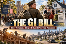 Postwar American collage showing a World War II veteran, college campus, young family, suburban homes, construction, and the growth of civilian opportunity under the GI Bill.