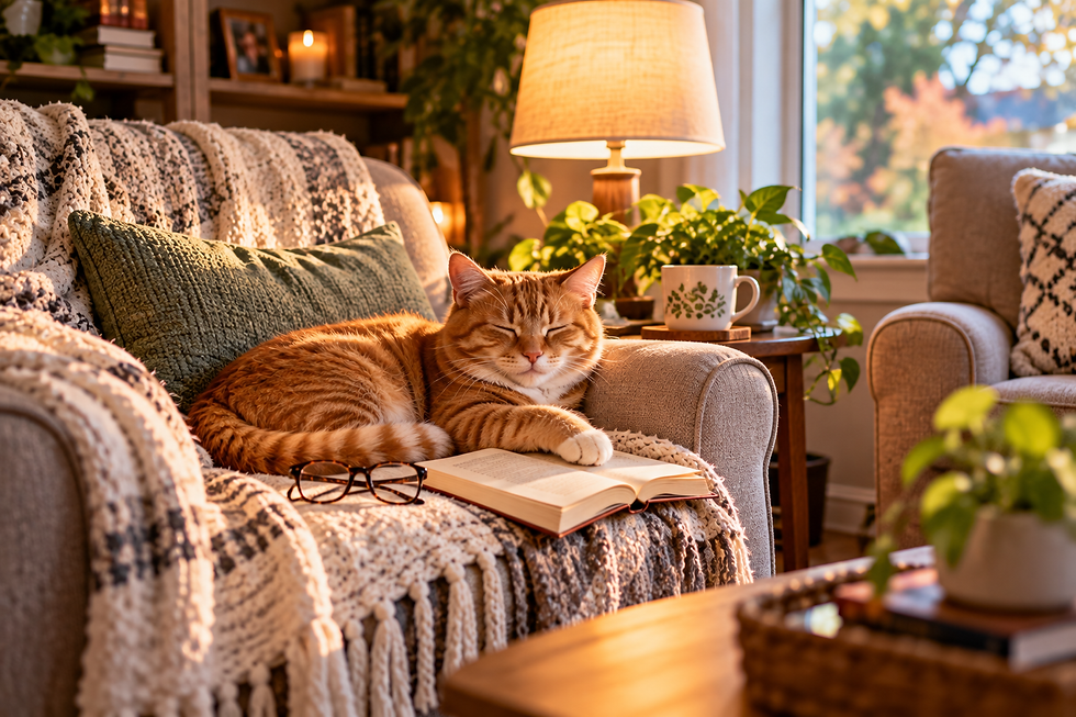 Orange tabby cat resting comfortably in a cozy reading chair beside an open book and reading glasses.