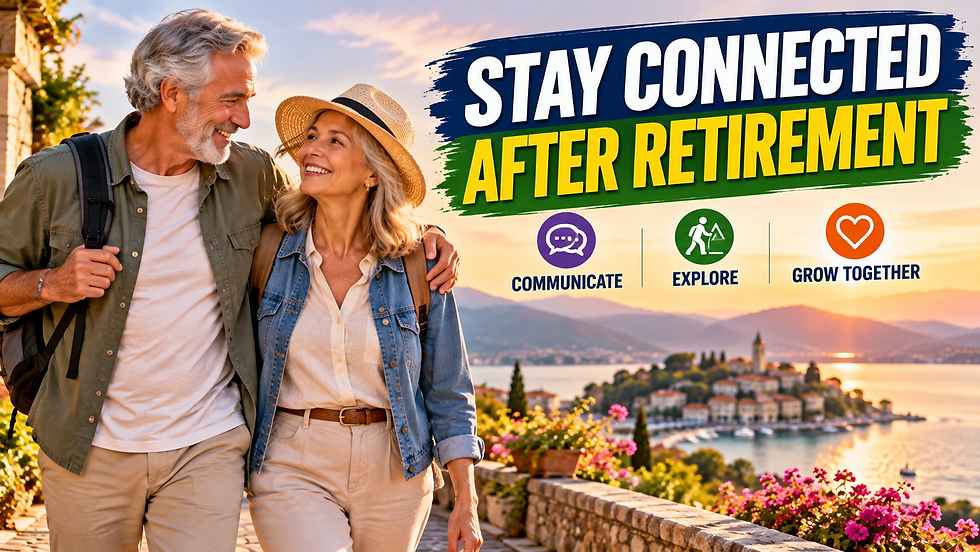 Happy retired couple walking together near a scenic waterfront, representing communication, exploration, and staying connected after retirement.
