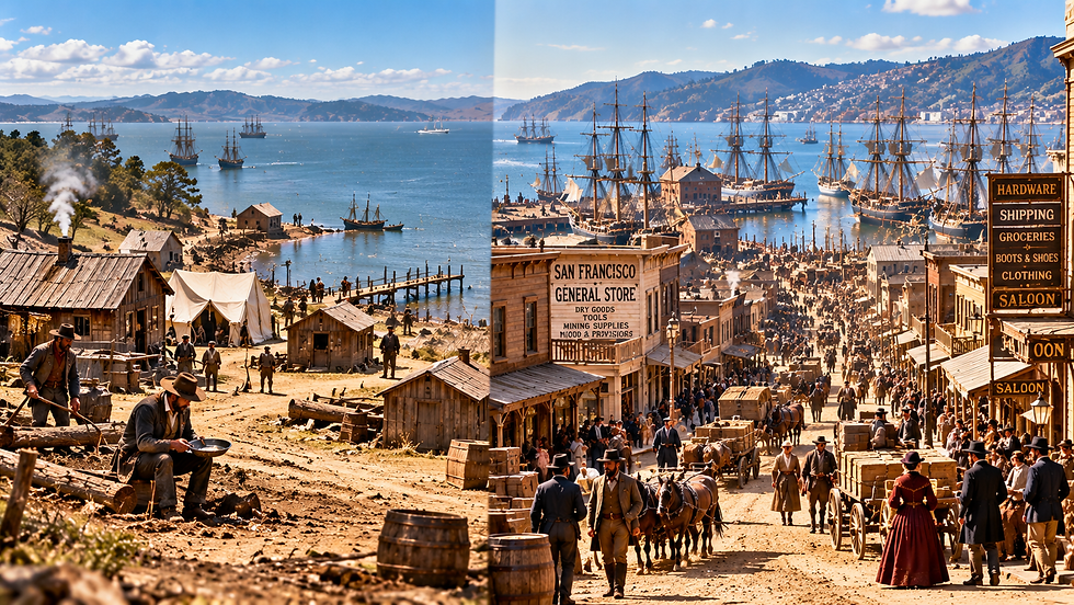 Split historical scene showing San Francisco changing from a small settlement into a crowded Gold Rush port city.