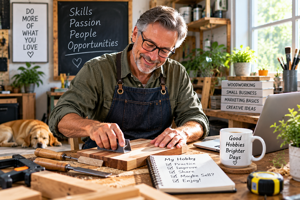 Older man working on a woodworking project in a sunny home workshop with tools, a laptop, and notes about practicing, improving, sharing, and enjoying his hobby
