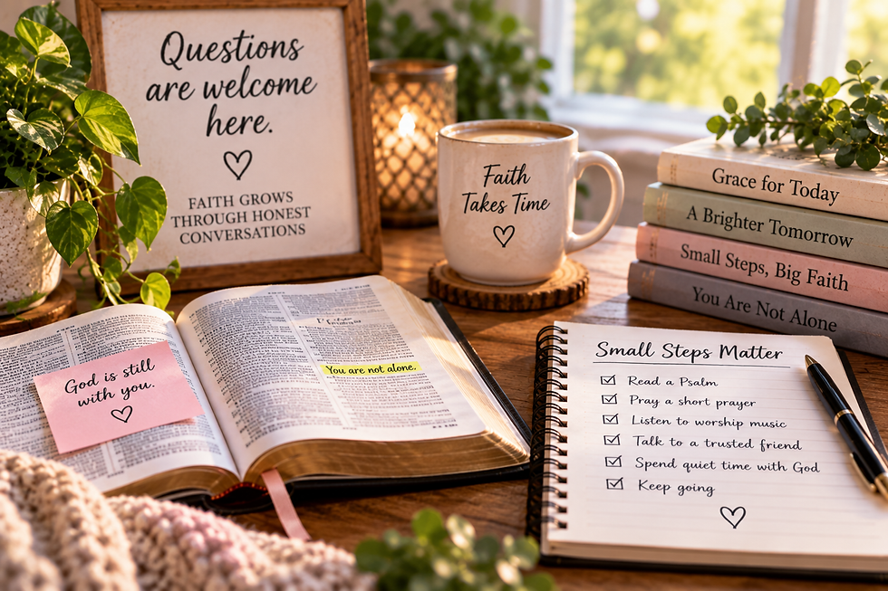 Open Bible and notebook with the message Small Steps Matter and suggestions to read a Psalm, pray briefly, listen to worship music, talk to a trusted friend, and spend quiet time with God