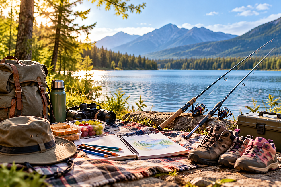 Lakeside picnic blanket with two fishing rods, binoculars, a child's sketchbook, snacks, and adult and child hiking shoes representing a shared grandparent-grandchild tradition.
