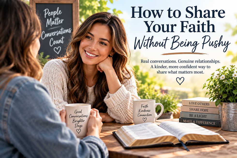 Two women having a friendly conversation over coffee beside an open Bible and the headline How to Share Your Faith Without Being Pushy