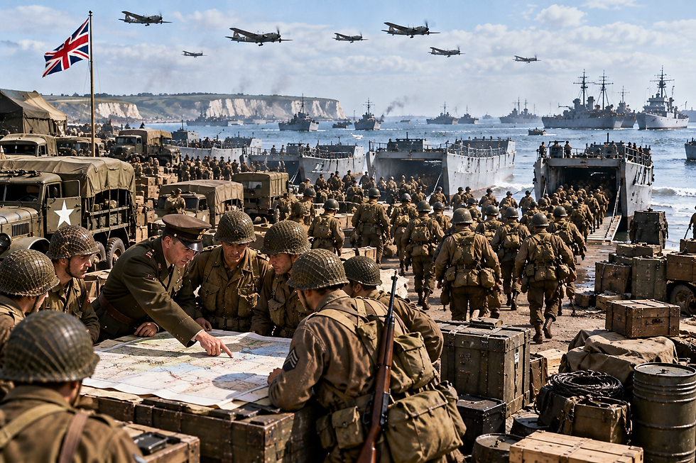 Allied soldiers study invasion maps beside landing craft, military vehicles, supplies, and ships while preparing in England for the D-Day invasion.