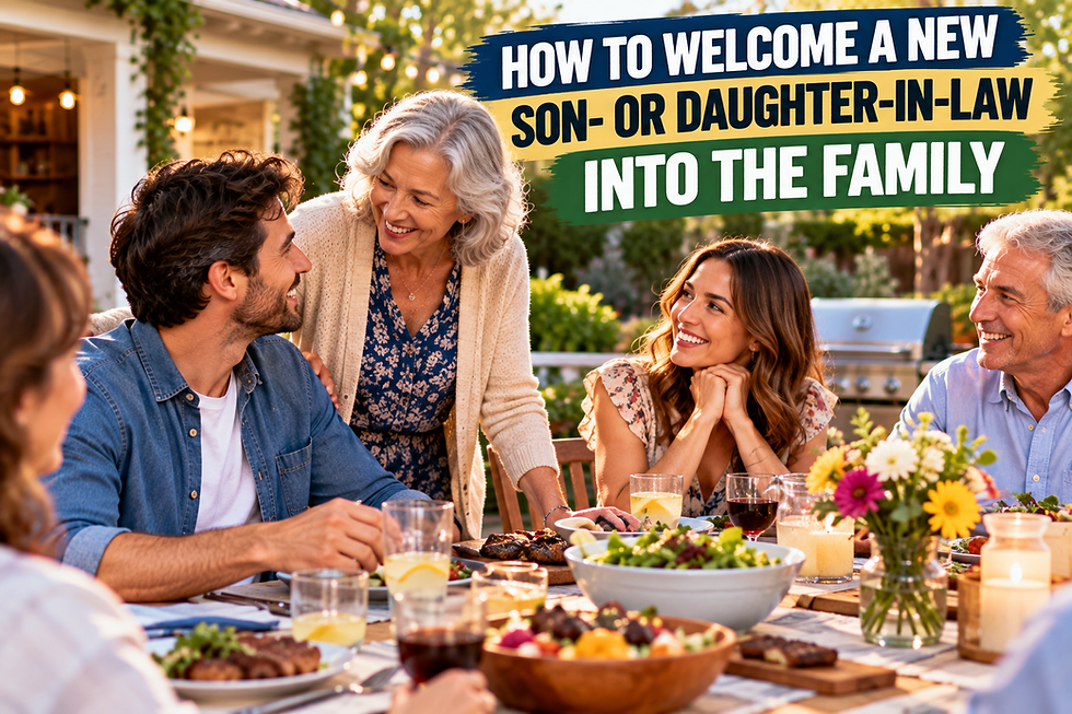 Multigenerational family sharing a welcoming backyard dinner with a new son-in-law joining the family.