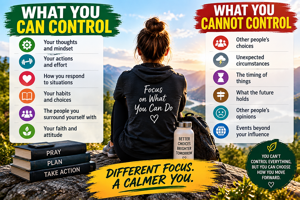 Infographic comparing what you can control, including your actions and responses, with what you cannot control, including other people’s choices and unexpected circumstances