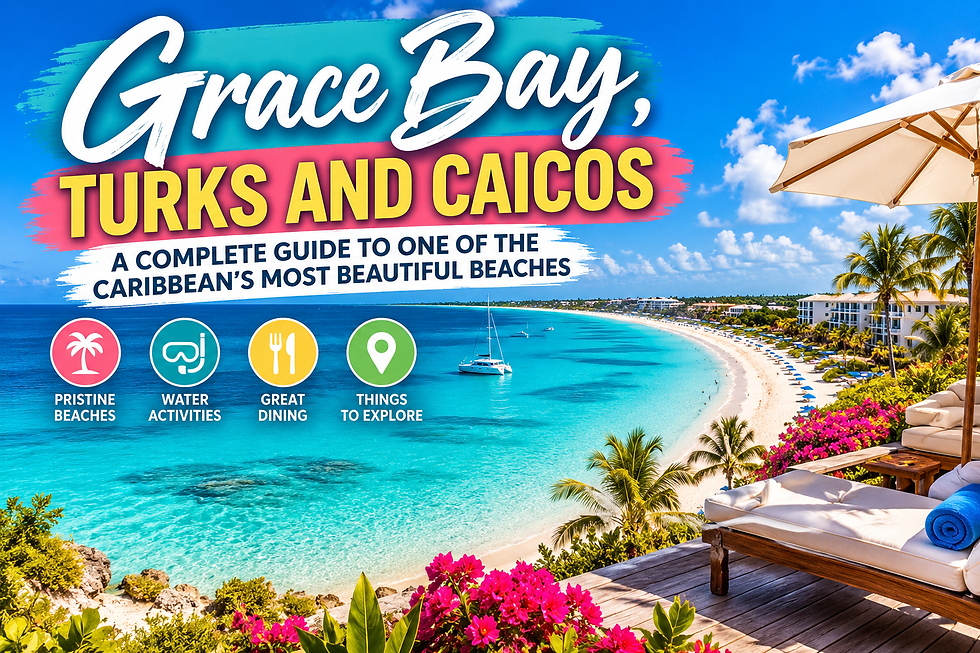 Travel guide graphic for Grace Bay, Turks and Caicos, featuring turquoise water, white sand, resorts, sailboats, and highlights for beaches, water activities, dining, and exploring.