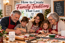 Multigenerational family decorating holiday cookies together around a wooden table in a warm, festive home.
