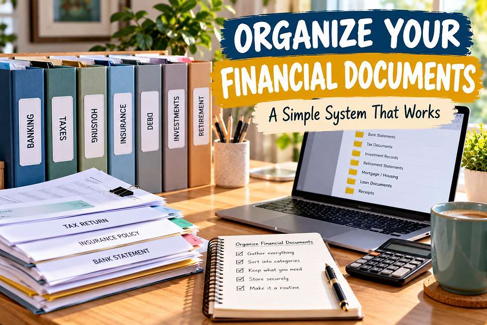 Organized home office with labeled financial folders, paper records, digital files, and a checklist for organizing financial documents.
