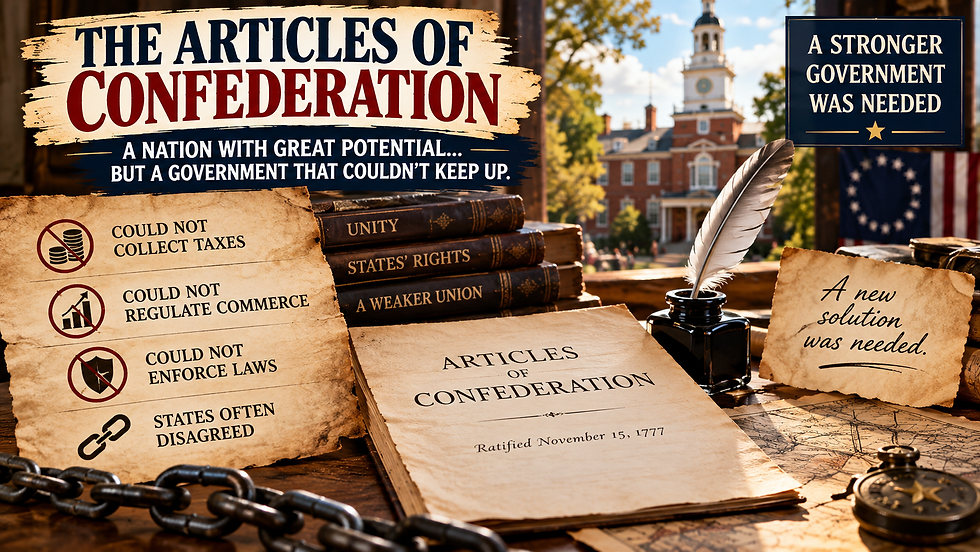 Articles of Confederation displayed with a quill, colonial map, and visual notes explaining limits on taxation, commerce regulation, and federal enforcement