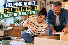 Older father helping his adult daughter assemble furniture in her home, representing support for adult children without taking over.