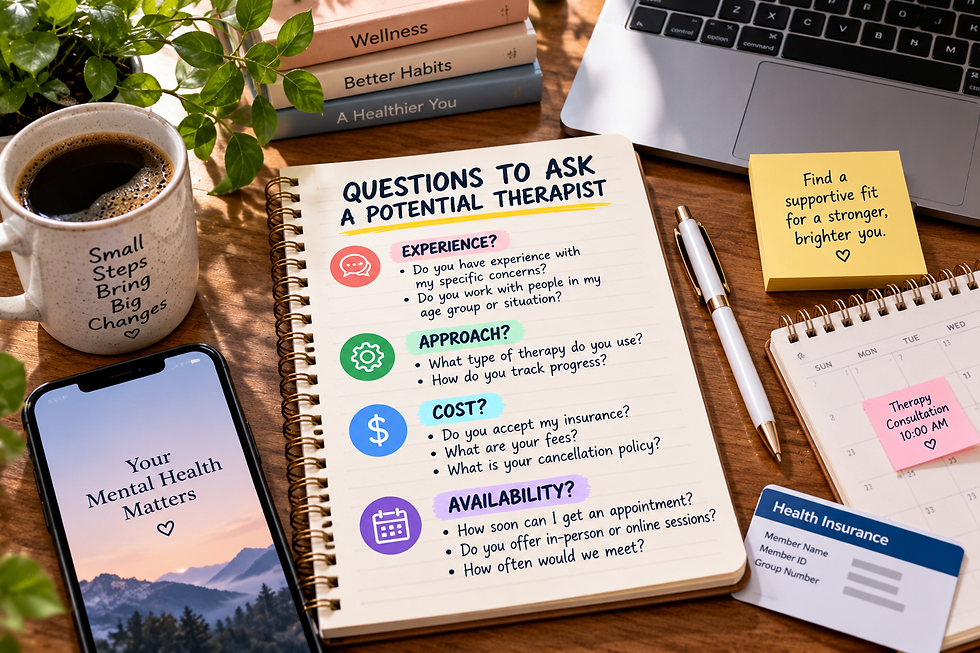 Notebook listing questions to ask a potential therapist about experience, approach, cost, and availability beside a calendar, phone, and insurance card.