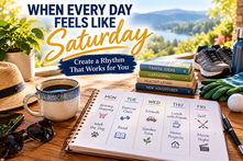 Weekly retirement planner surrounded by coffee, walking shoes, gardening supplies, golf accessories, books, and other activities representing a balance of structure and freedom.