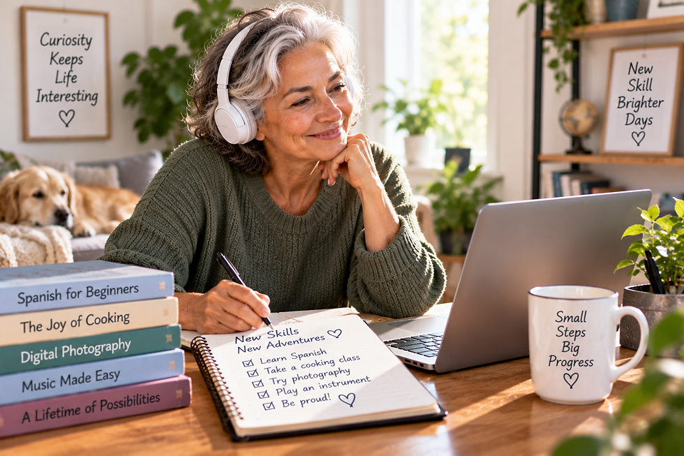 Older woman using headphones and a laptop for an online lesson while taking notes about learning languages, cooking, photography, and music.
