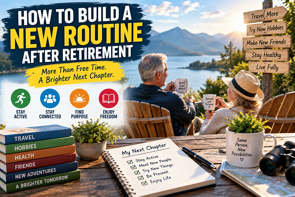 Older retired couple relaxing beside a mountain lake with the headline How to Build a New Routine After Retirement and reminders to stay active, stay connected, find purpose, and enjoy freedom