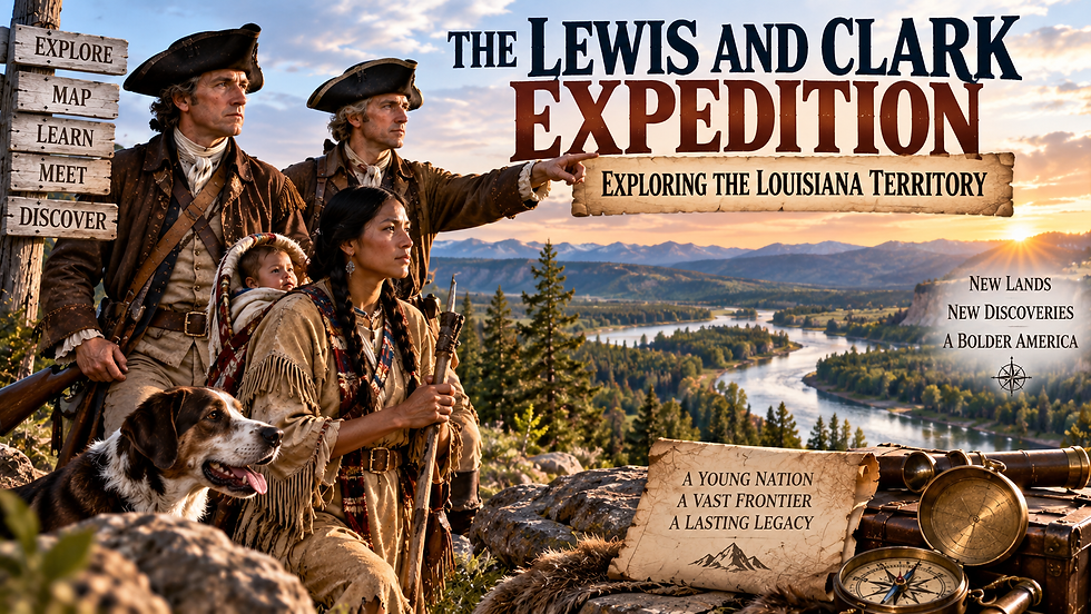 Lewis and Clark expedition members overlooking a river valley and western mountains during the Corps of Discovery journey